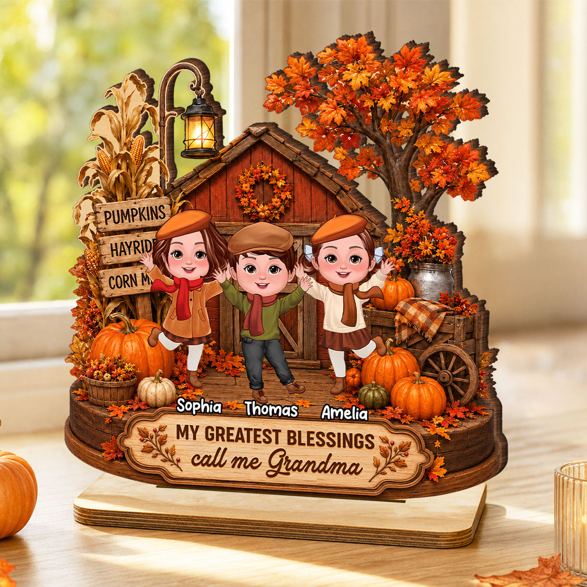 Grandma Grandkids Greatest Blessings - Personalized 2-Layered Wooden Plaque - Fall Season Decor Gift, Gift For Grandma