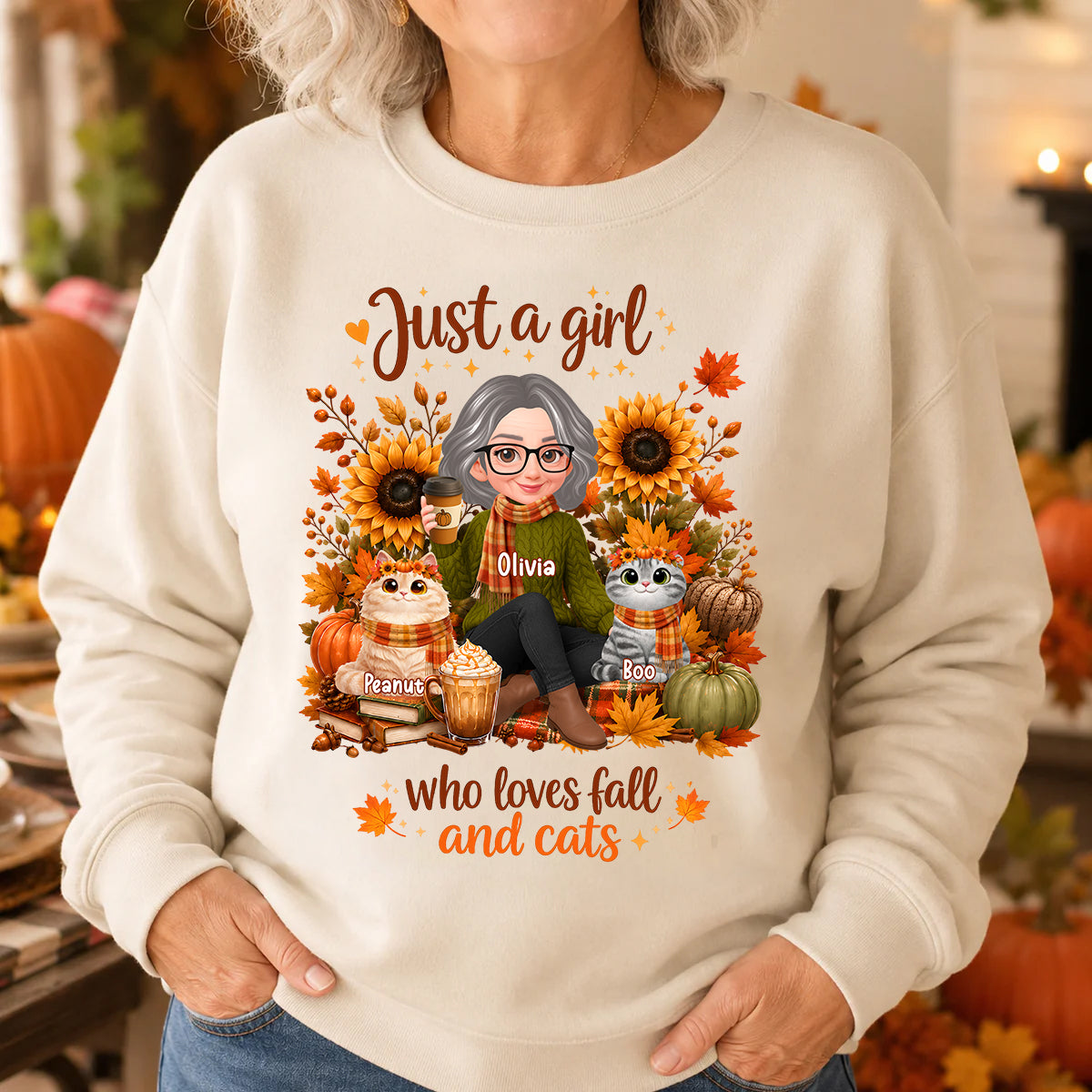 A Girl Who Loves Fall And Her Cats - Personalized Shirt - Fall Season Gift, Gift For Cat Lovers