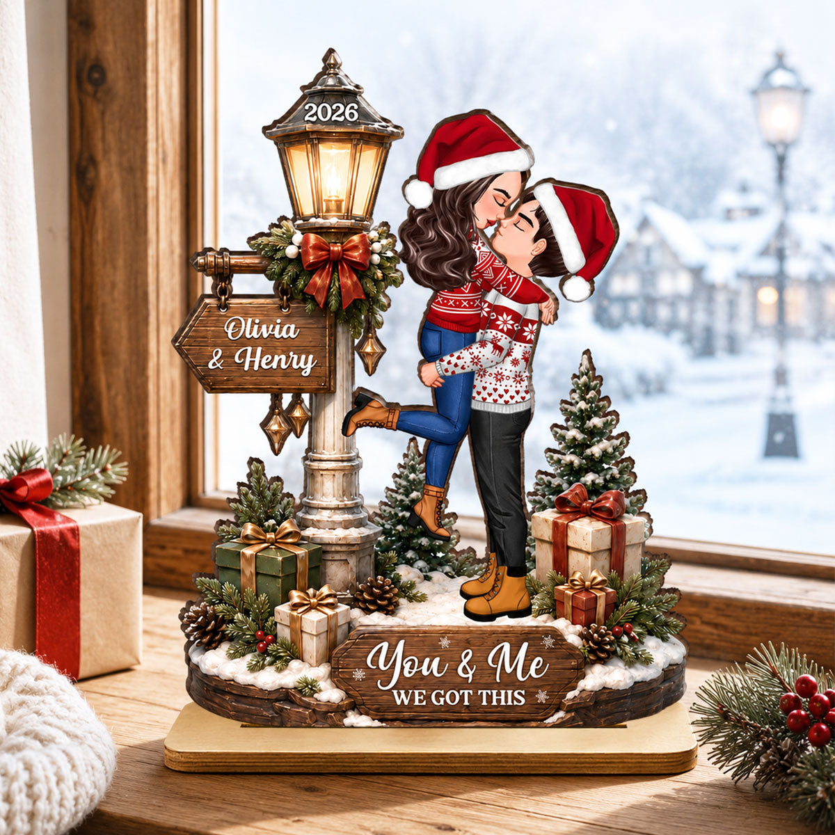 Couple Kissing Under Lamp Post - Personalized 2-Layered Wooden Plaque - Christmas Decor, Gift for Her, Gift for Him
