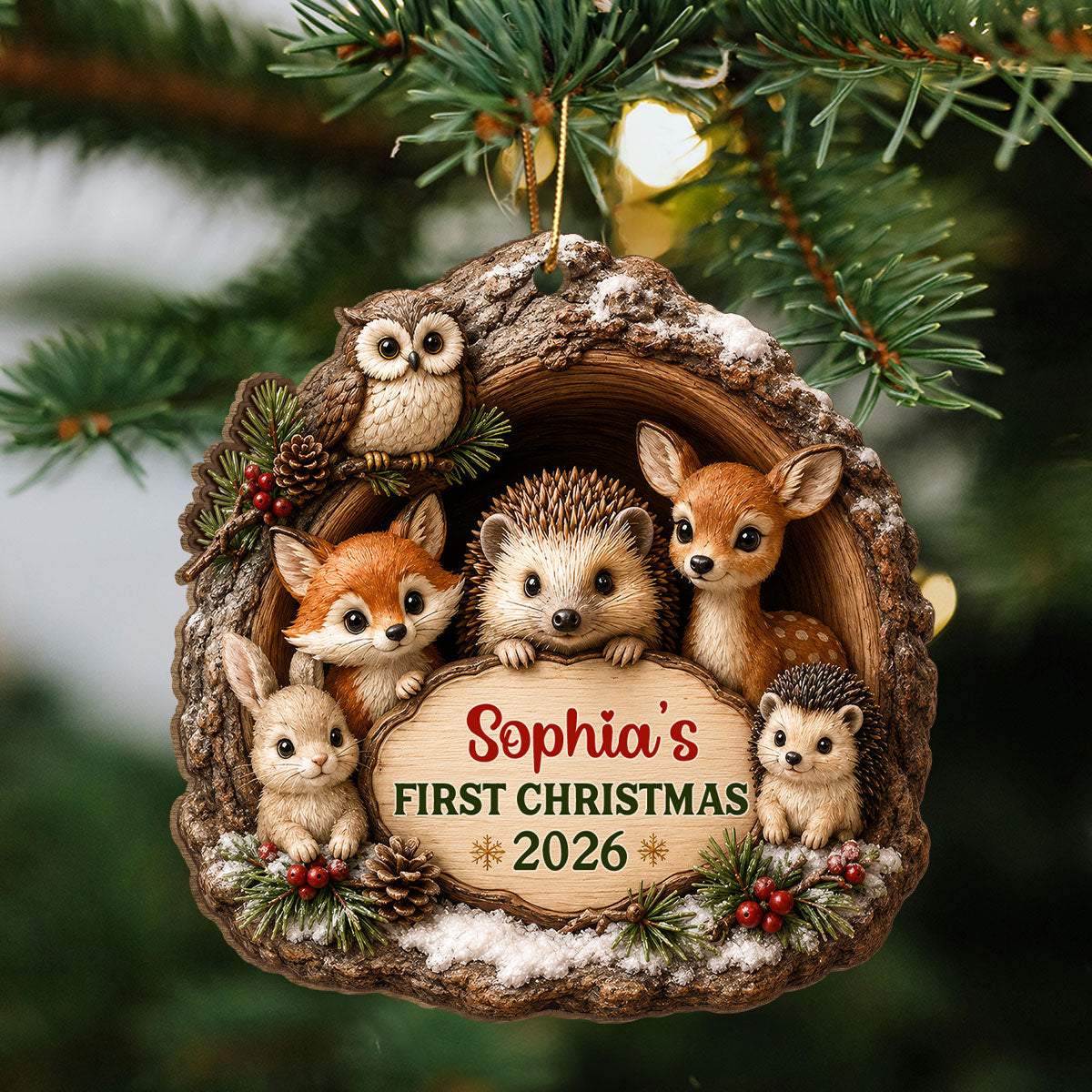 Baby First Christmas Woodland Animal - Personalized Wooden Ornament - Christmas Gift For Newborn Baby