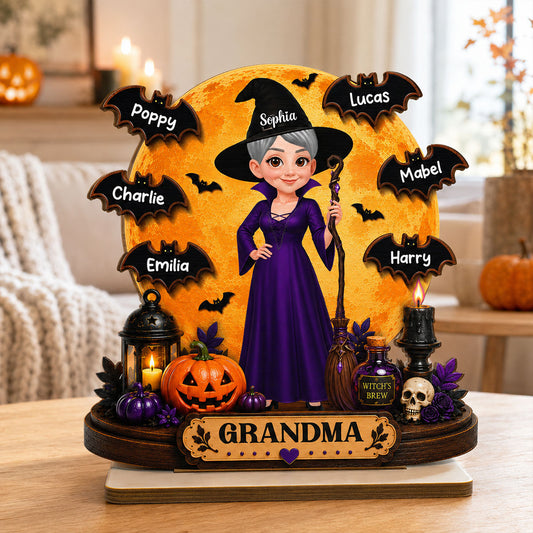 Grandma Witch Under Full Moon 2D Flat - Personalized Wooden Plaque - Halloween Decor For Grandma