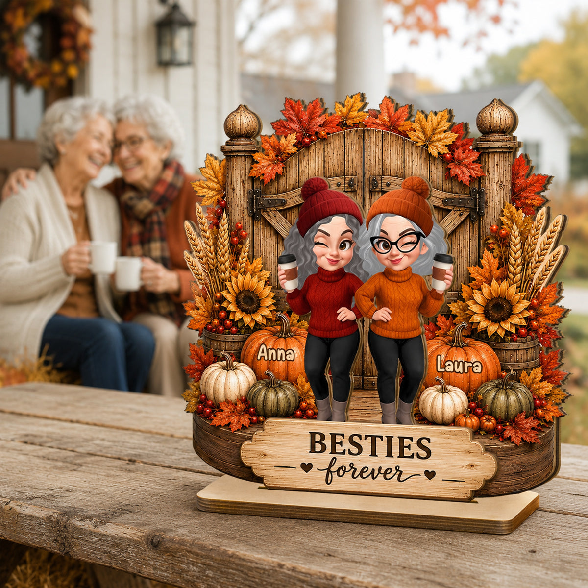Besties Forever Fall Decor - Personalized 2-Layered Wooden Plaque - Cozy Fall Gift for Best Friends
