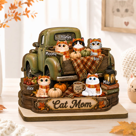 Vintage Fall Truck Cats Wonderful Time - Personalized 2-Layered Wooden Plaque - Fall Season Decor Gift, Gift For Cat Lovers