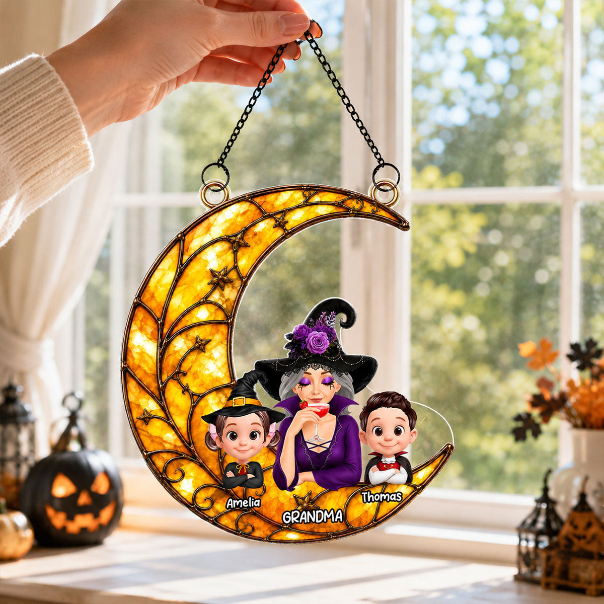 Halloween Moon Grandma Witch Grandkids - Personalized Acrylic Window Hanging - Halloween Gift For Grandma
