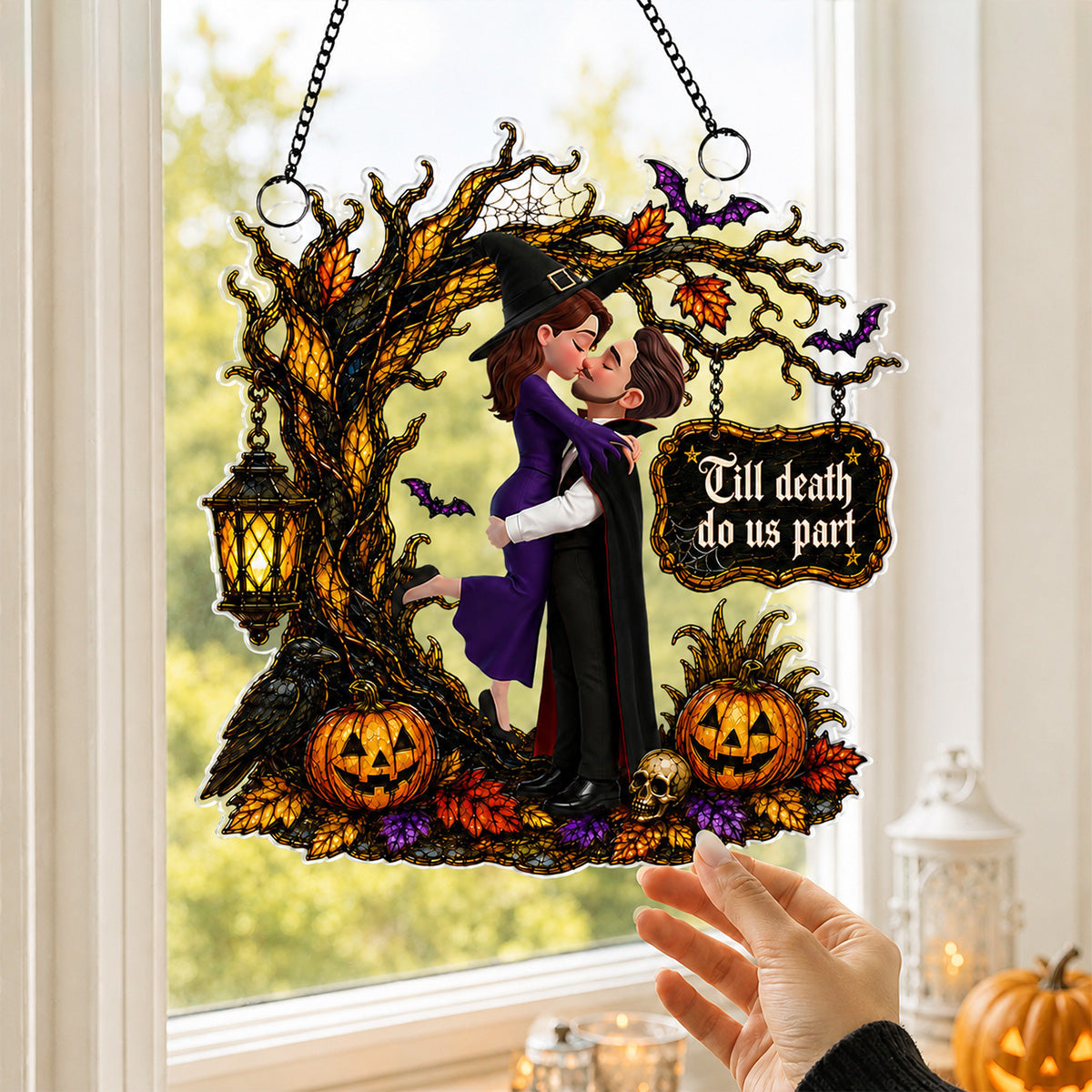 Couple Hugging Under Spooky Halloween Tree 2D Flat - Personalized Acrylic Window Hanger - Halloween Decor For Couple
