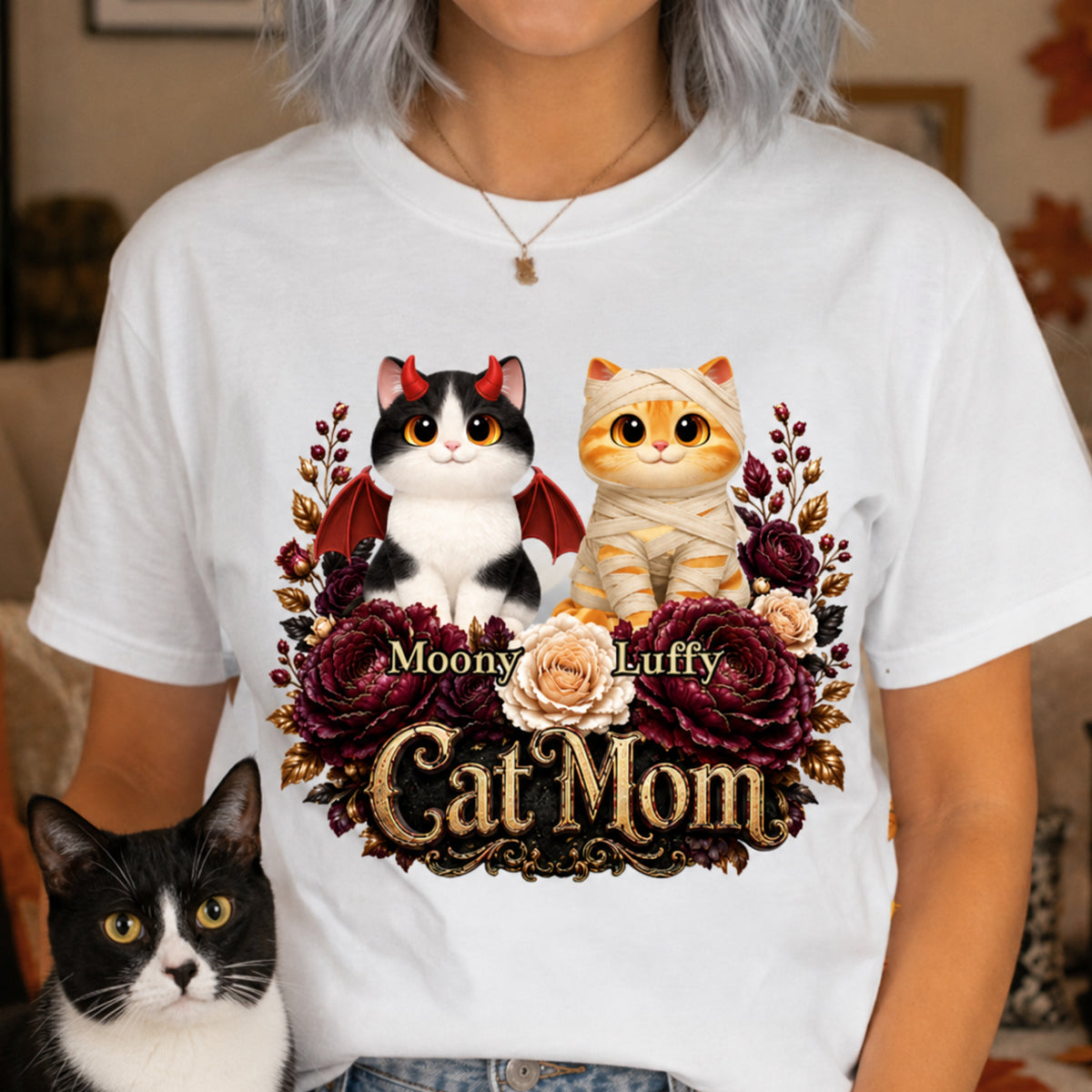 Cats Halloween Preppy Ghost Cherry - Personalized Shirt - Halloween Gift, Gift For Cat Lovers
