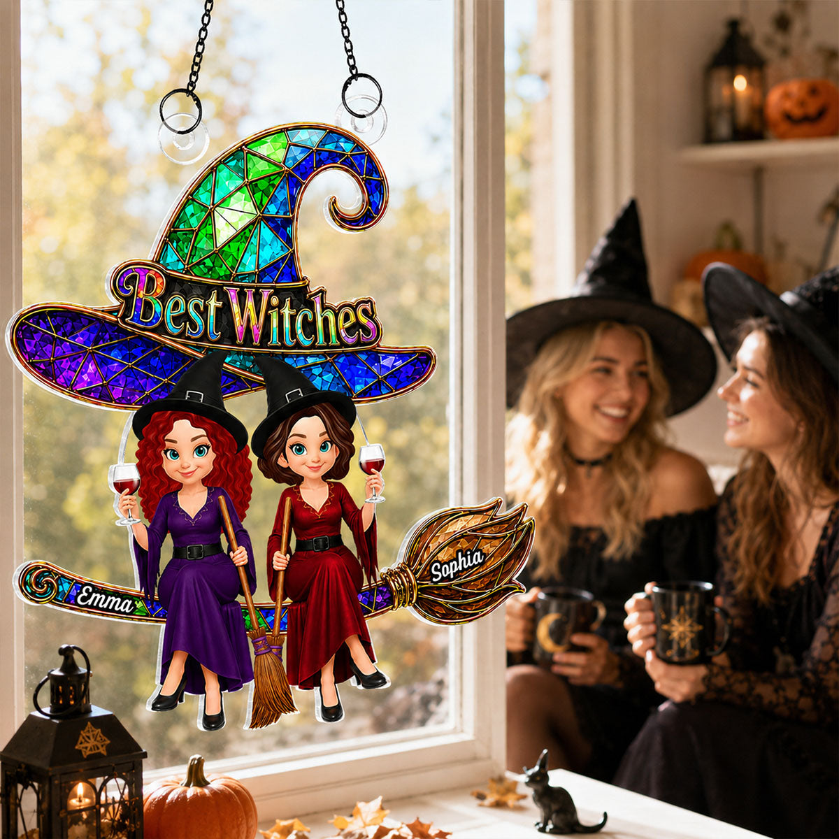Trending Witches Sitting On Broom - Personalized Acrylic Window Hanging - Halloween Decoration For Besties, Girls