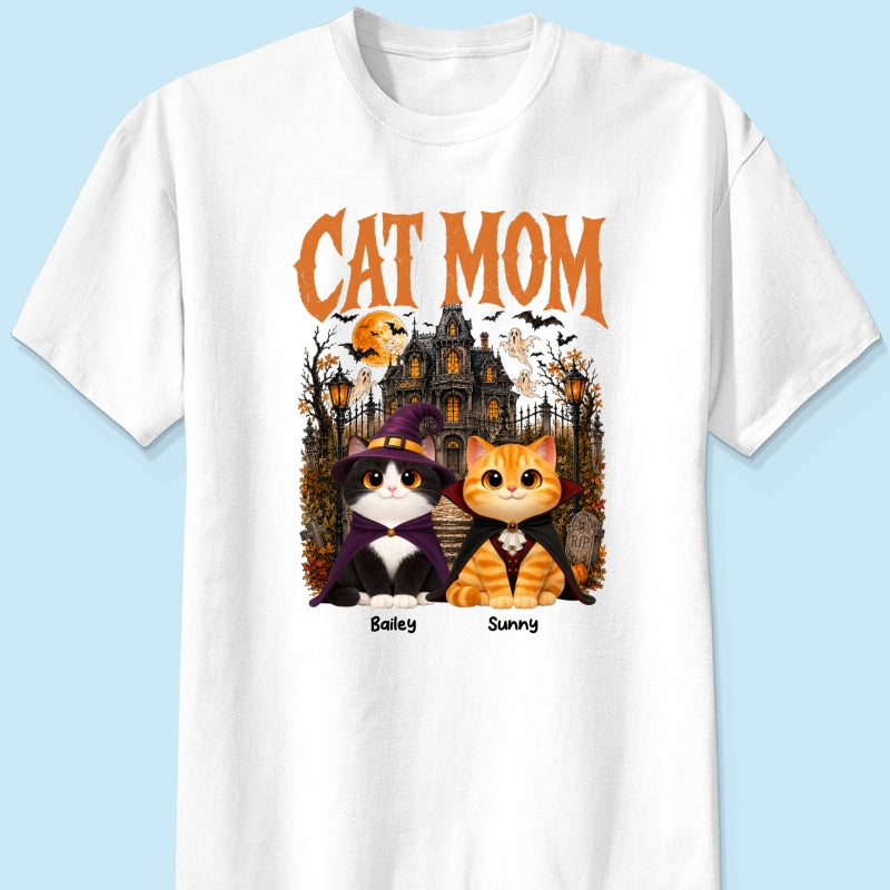 Retro Vintage Halloween Haunted House Cat Mom - Personalized Shirt - Halloween Gift For Cat Lovers