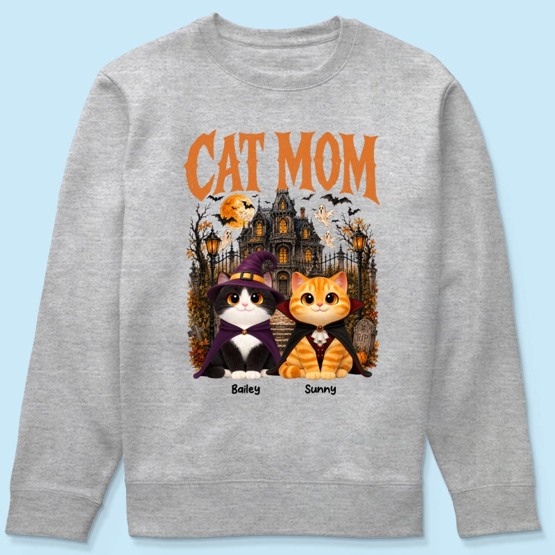 Retro Vintage Halloween Haunted House Cat Mom - Personalized Shirt - Halloween Gift For Cat Lovers