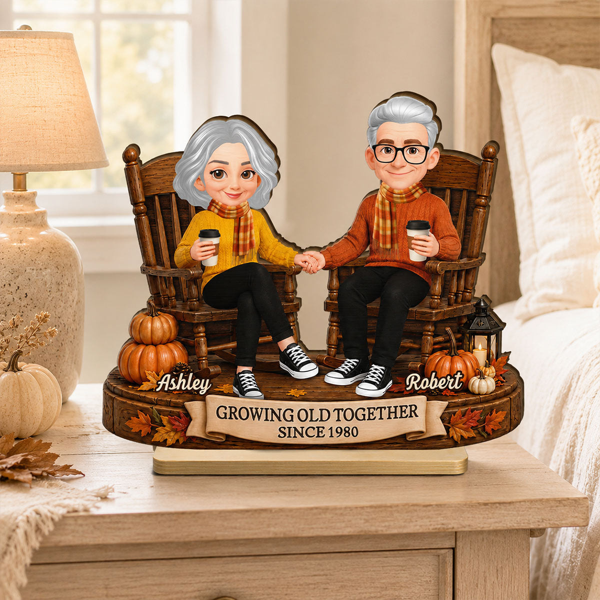Fall Season Couple Growing Old Together - Personalized 2-Layered Wooden Plaque - Fall Decor For Couple