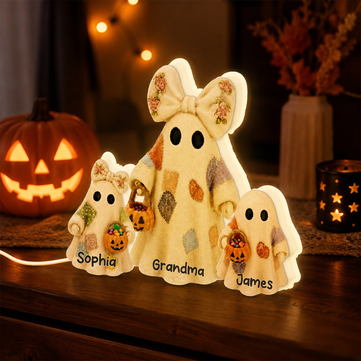 Grandma's Boo Crew Patchwork Style Ghosts 2D Flat - Personalized Light Box - Halloween Decor For Grandma