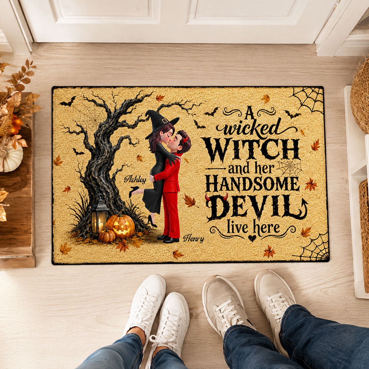 Wicked Witch And Handsome Devil Live Here - Personalized Doormat - Halloween Decor For Couple