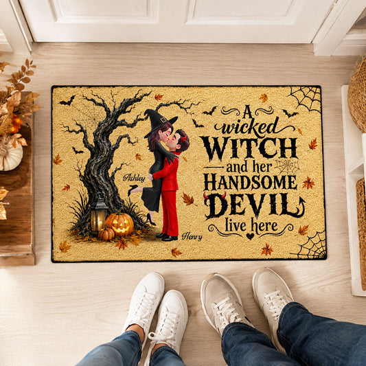 Wicked Witch And Handsome Devil Live Here - Personalized Doormat - Halloween Decor For Couple