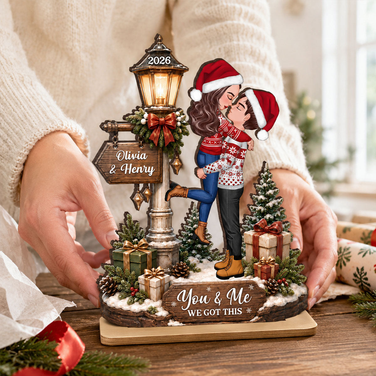 Couple Kissing Under Lamp Post - Personalized 2-Layered Wooden Plaque - Christmas Decor, Gift for Her, Gift for Him