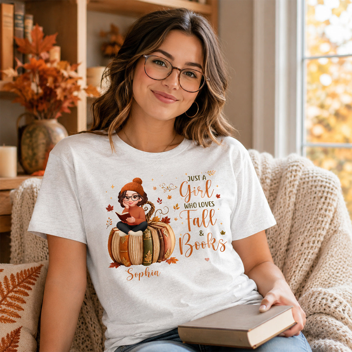 All Booked For Fall Girl Reading Book On Fall Book Pumpkin - Personalized Shirt - Fall Season Gift For Book Lover