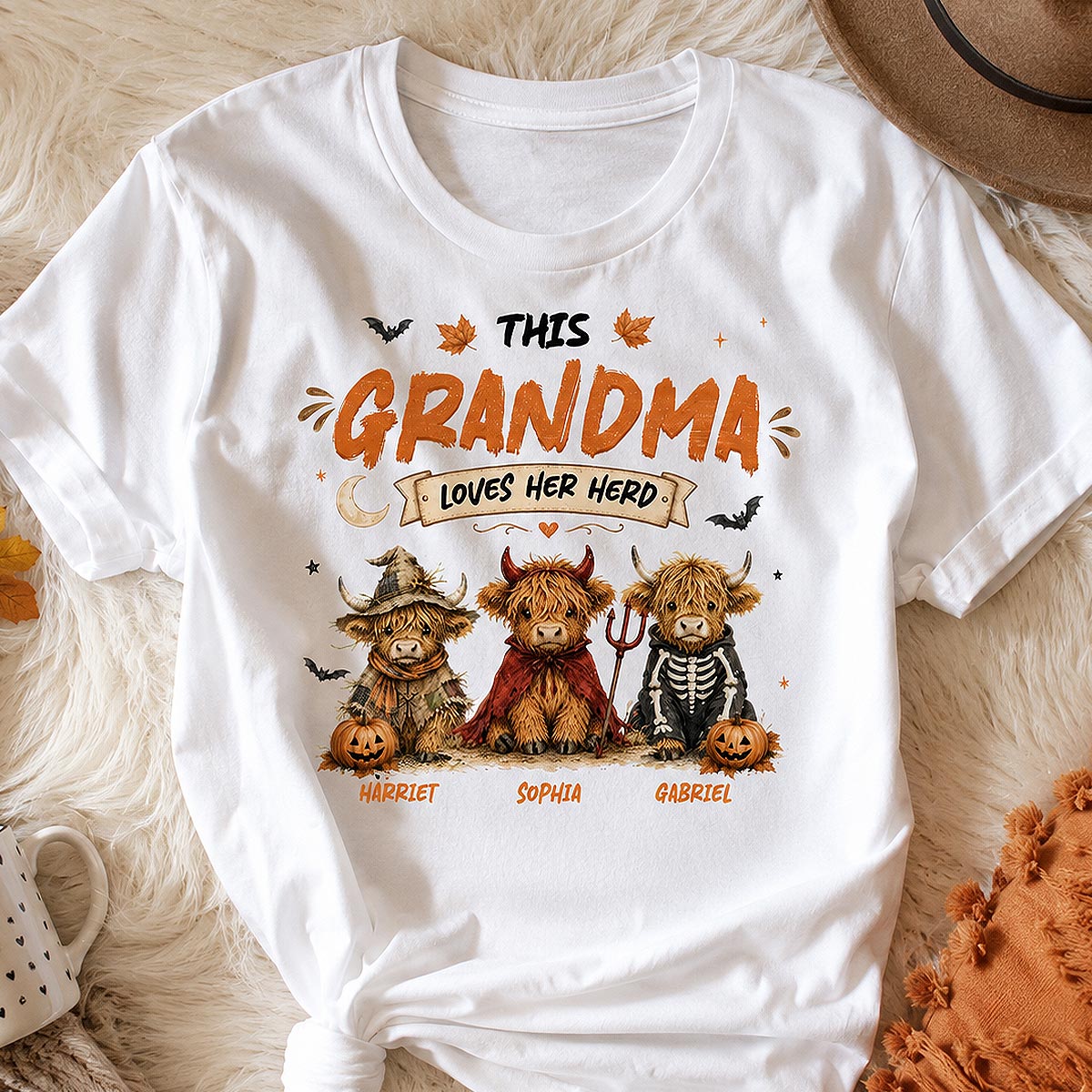 Grandma's Little Spooky Herd Halloween Costume Highland Cows - Personalized Shirt - Halloween Gift For Grandma