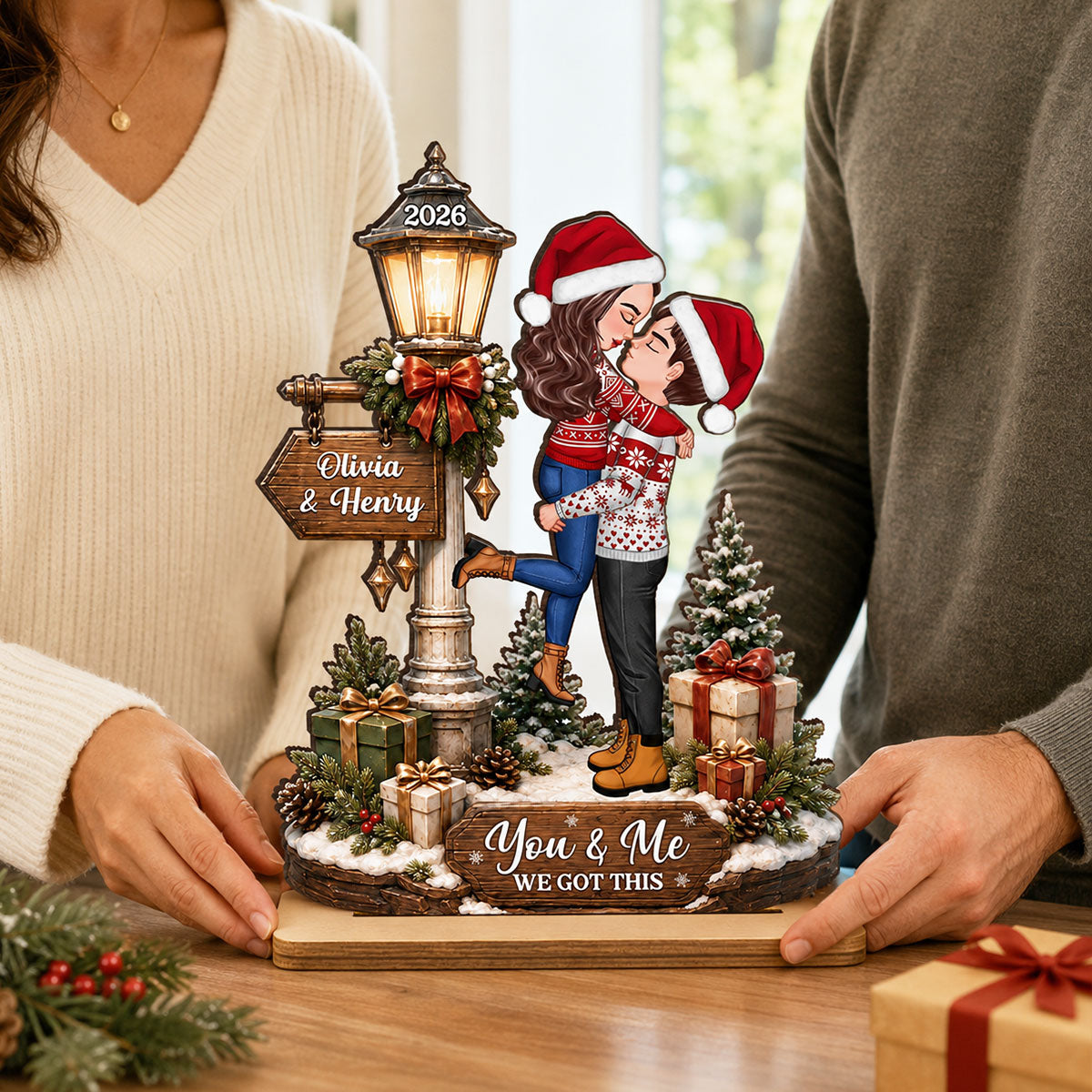Couple Kissing Under Lamp Post - Personalized 2-Layered Wooden Plaque - Christmas Decor, Gift for Her, Gift for Him