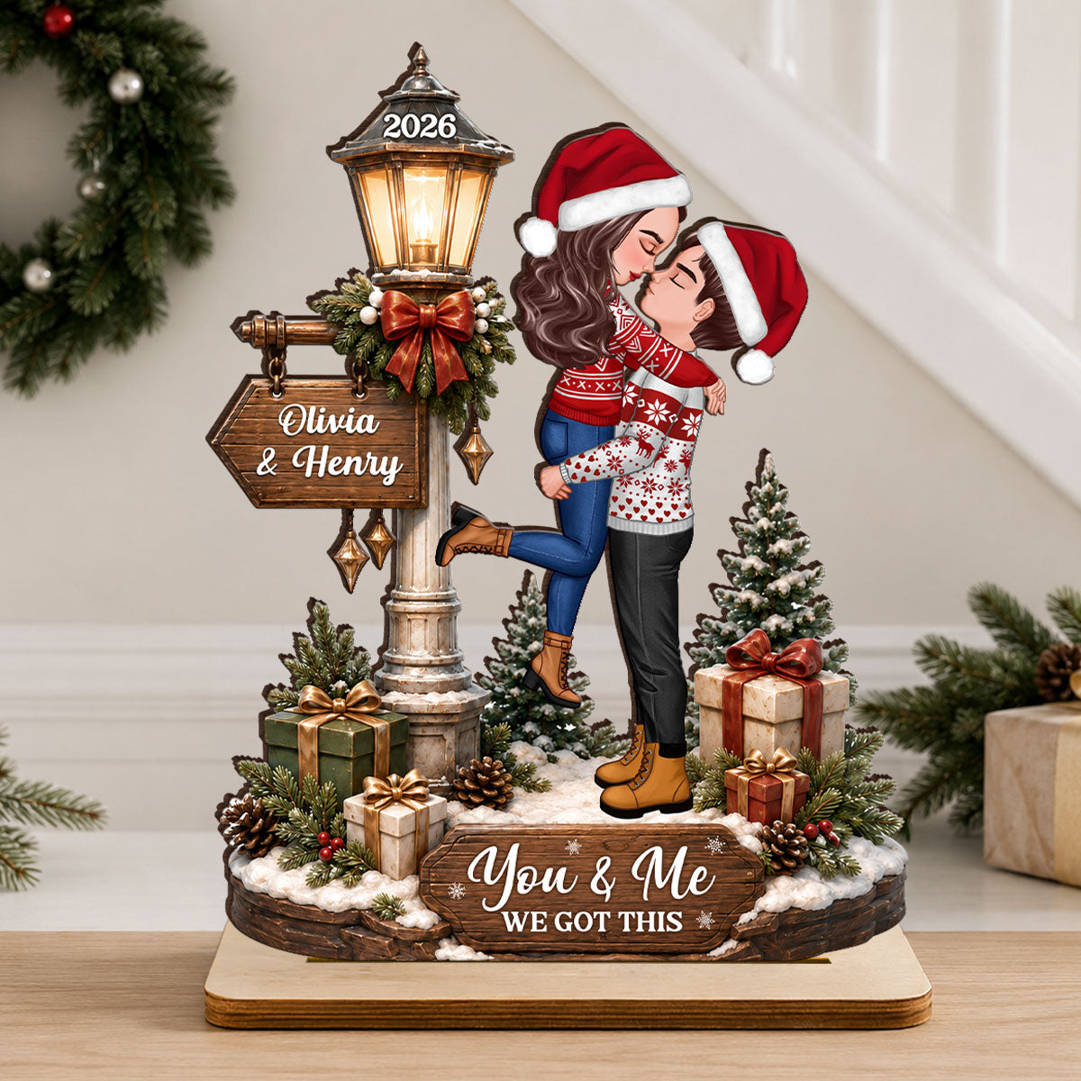 Couple Kissing Under Lamp Post - Personalized 2-Layered Wooden Plaque - Christmas Decor, Gift for Her, Gift for Him