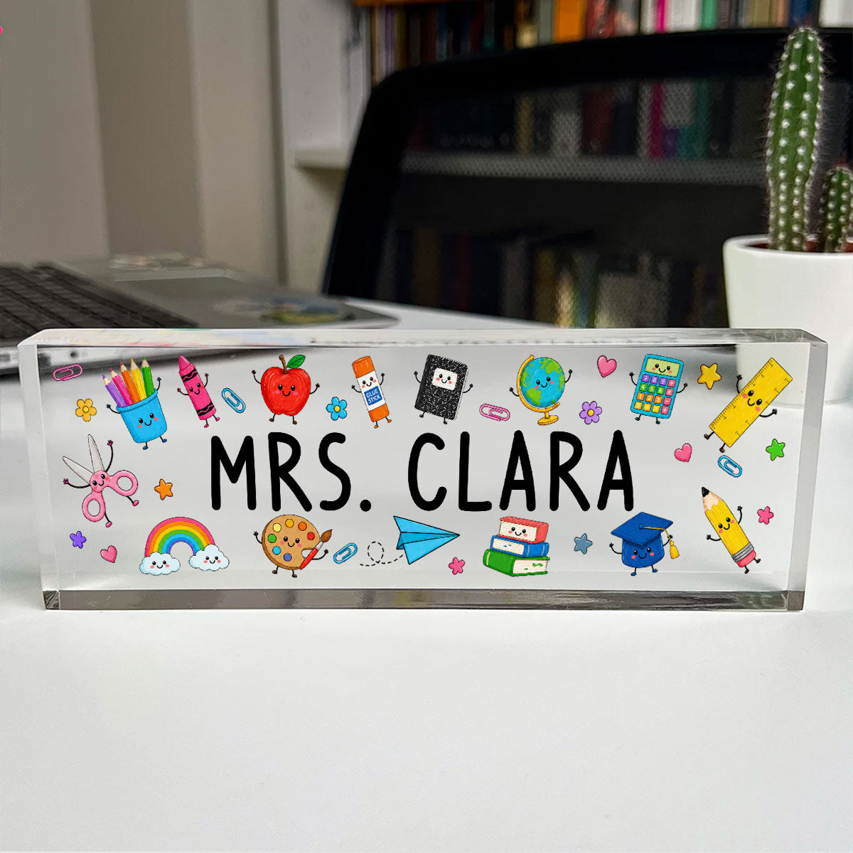 Teacher Name Cute School Supplies - Personalized Acrylic Desk Name Plate, Back To School Gift For Teacher, Office Decor