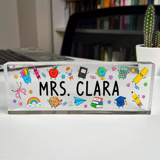 Teacher Name Cute School Supplies - Personalized Acrylic Desk Name Plate, Back To School Gift For Teacher, Office Decor