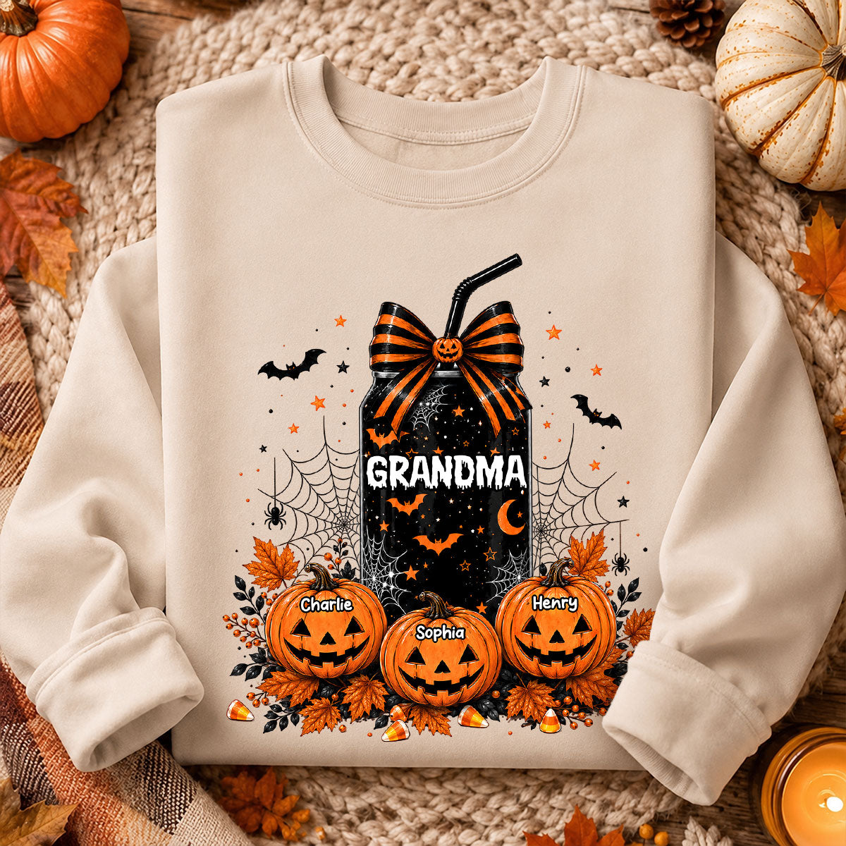 Trending Halloween Retro Soda Grandma Custom Kids Names - Personalized Shirt - Halloween Shirt For Grandma