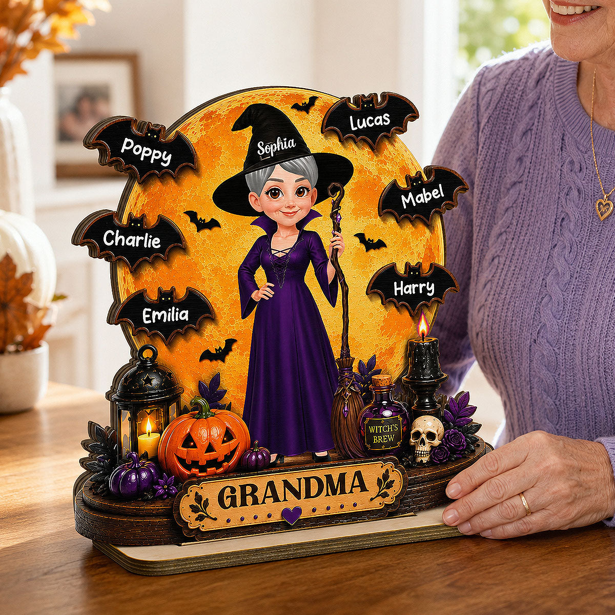 Grandma Witch Under Full Moon 2D Flat - Personalized Wooden Plaque - Halloween Decor For Grandma