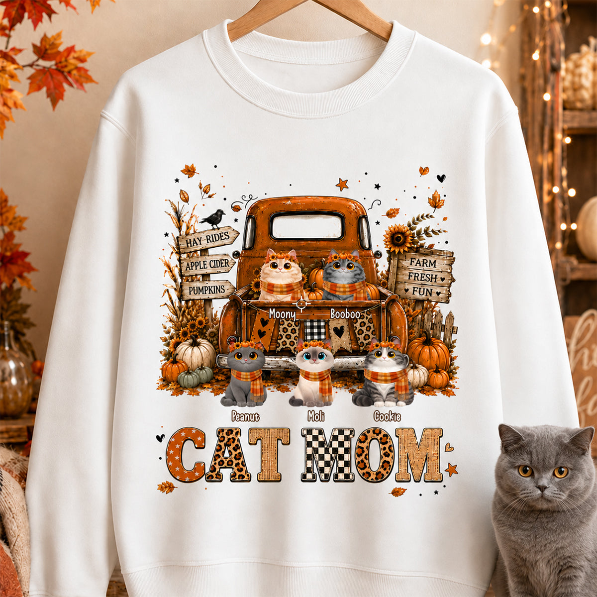 Cat Mom Fall Pickup Truck - Personalized Shirt - Fall Season Gift, Gift For Cat Lovers
