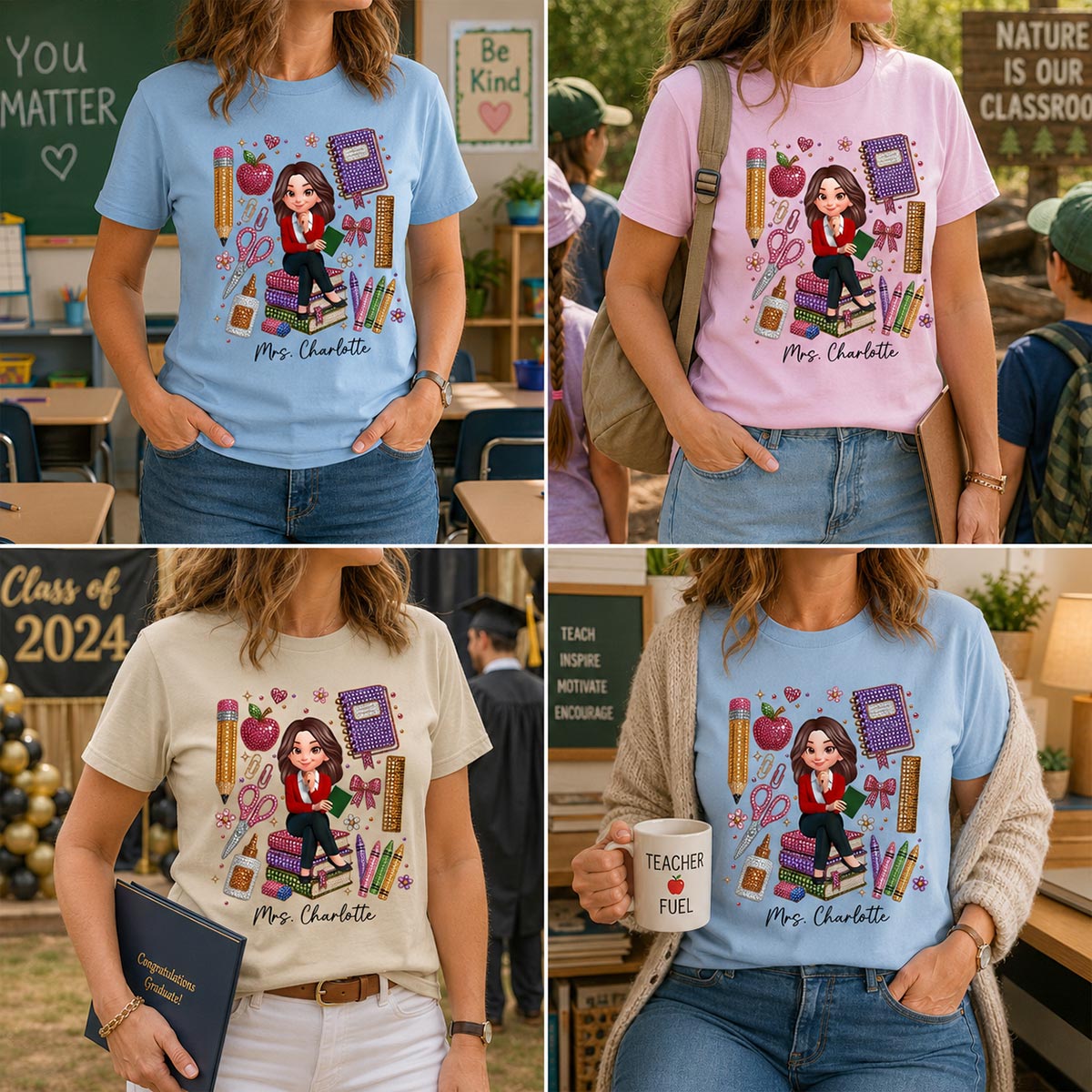 Teacher Sitting With School Supplies Faux Rhinestone – Personalized Shirt – Back To School Gift For Teacher
