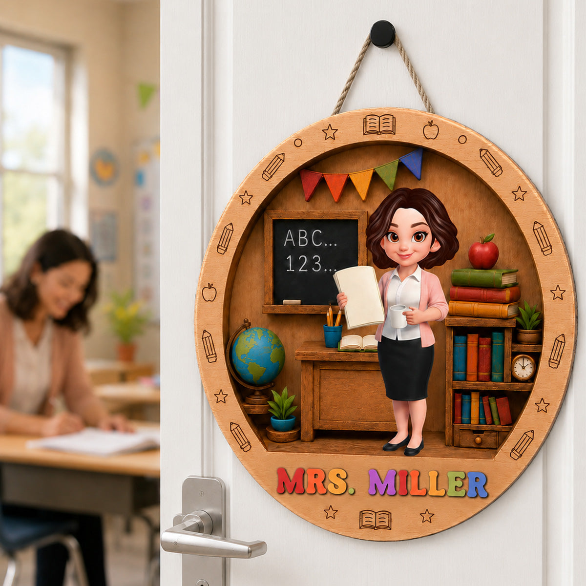 Teacher In Classroom 3D Design - Personalized 2-Layered Wood Sign - Back To School Gift For Teacher