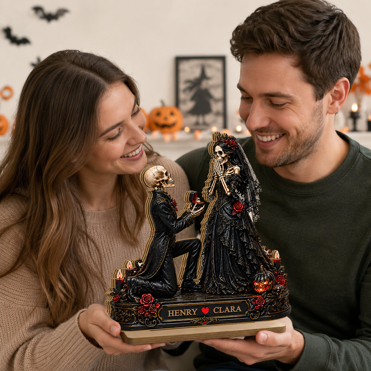 Skeleton Couple Marriage Proposal - Personalized 2-Layered Wooden Plaque - Halloween Decor Gift, Gift For Couple