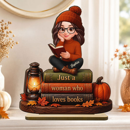 Fall Season Just A Woman Who Loves Books - Personalized 2-Layered Wooden Plaque - Fall Gift For Book Lovers