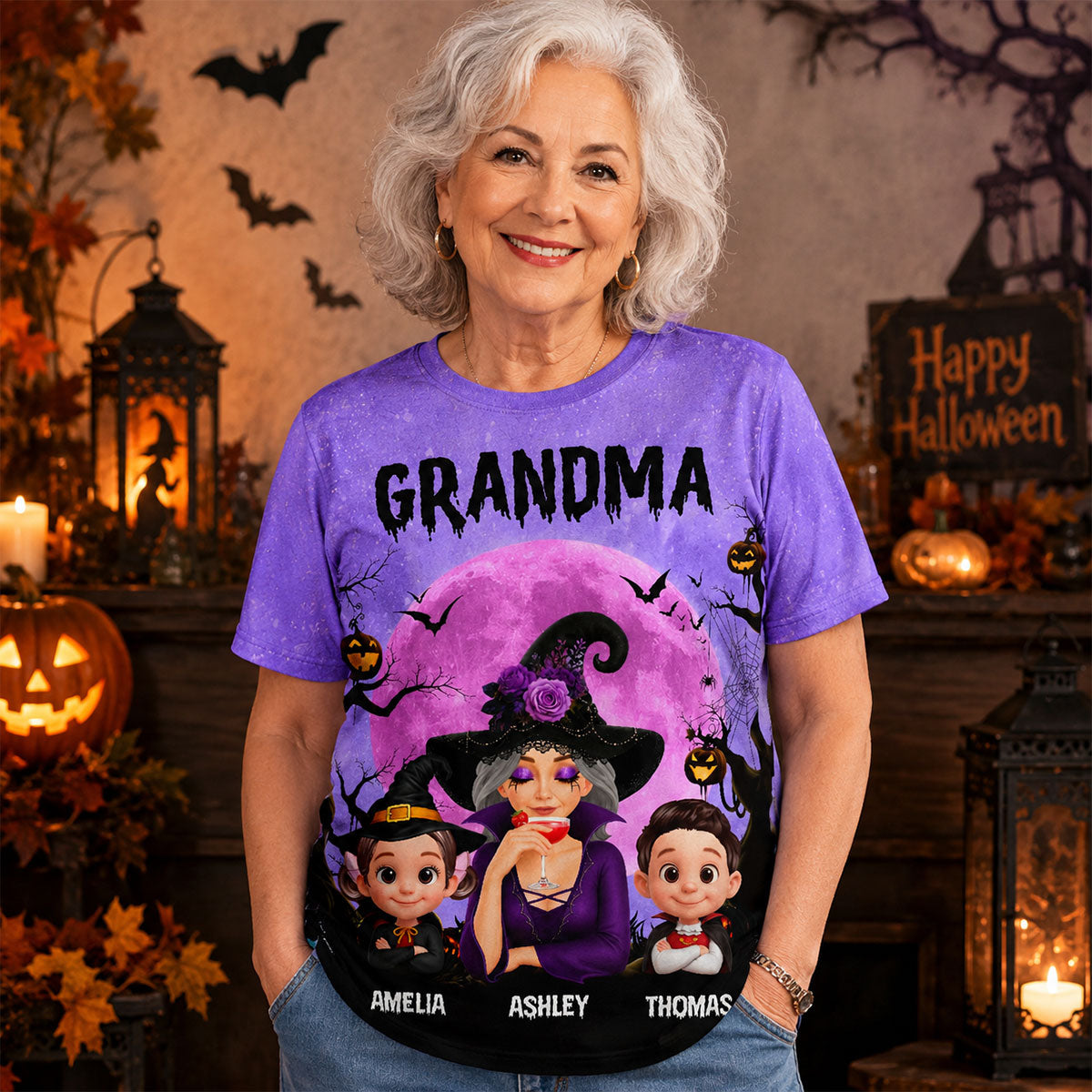 Halloween Theme Grandma Witch Grandkids - Personalized Shirt - Halloween Gift For Grandma