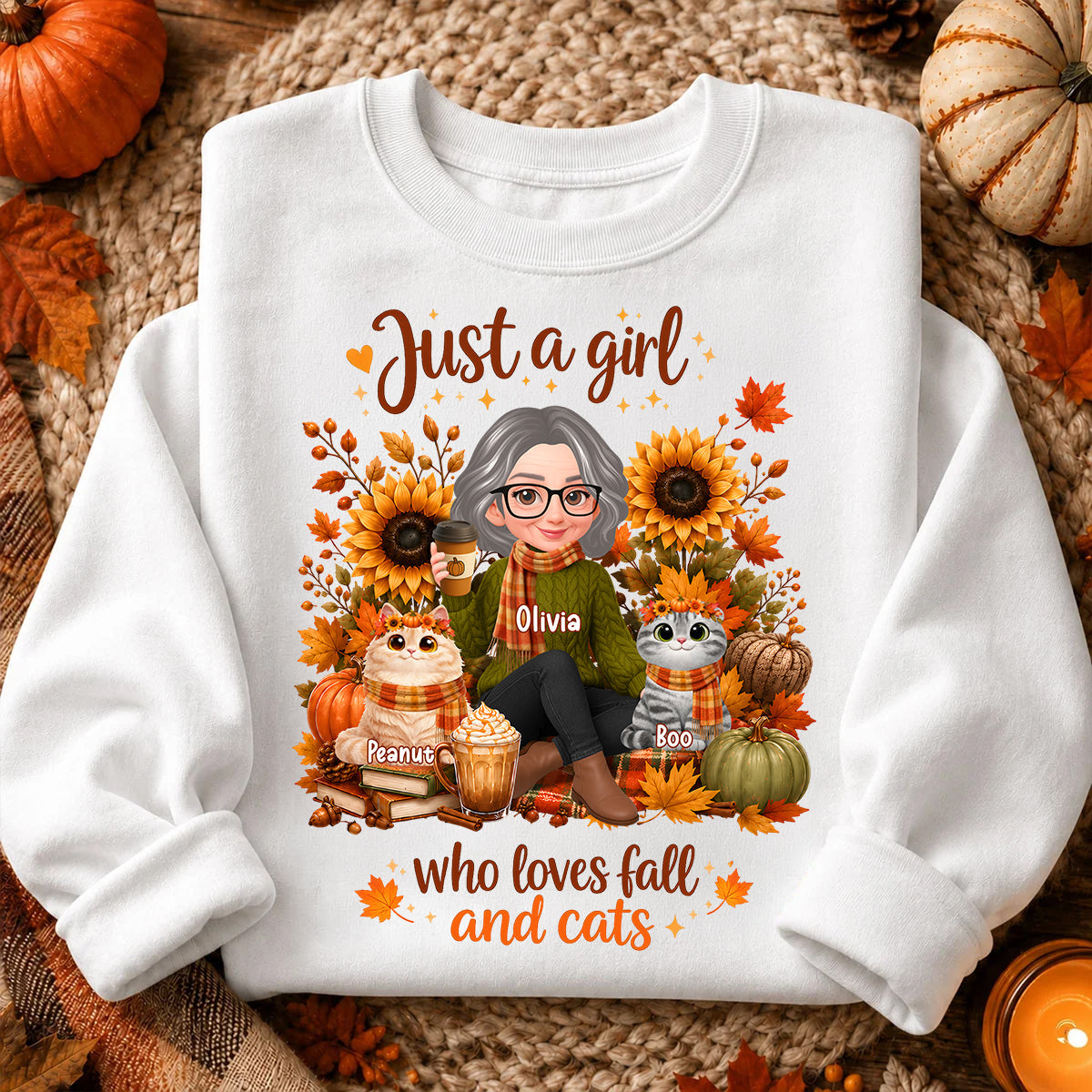 A Girl Who Loves Fall And Her Cats - Personalized Shirt - Fall Season Gift, Gift For Cat Lovers