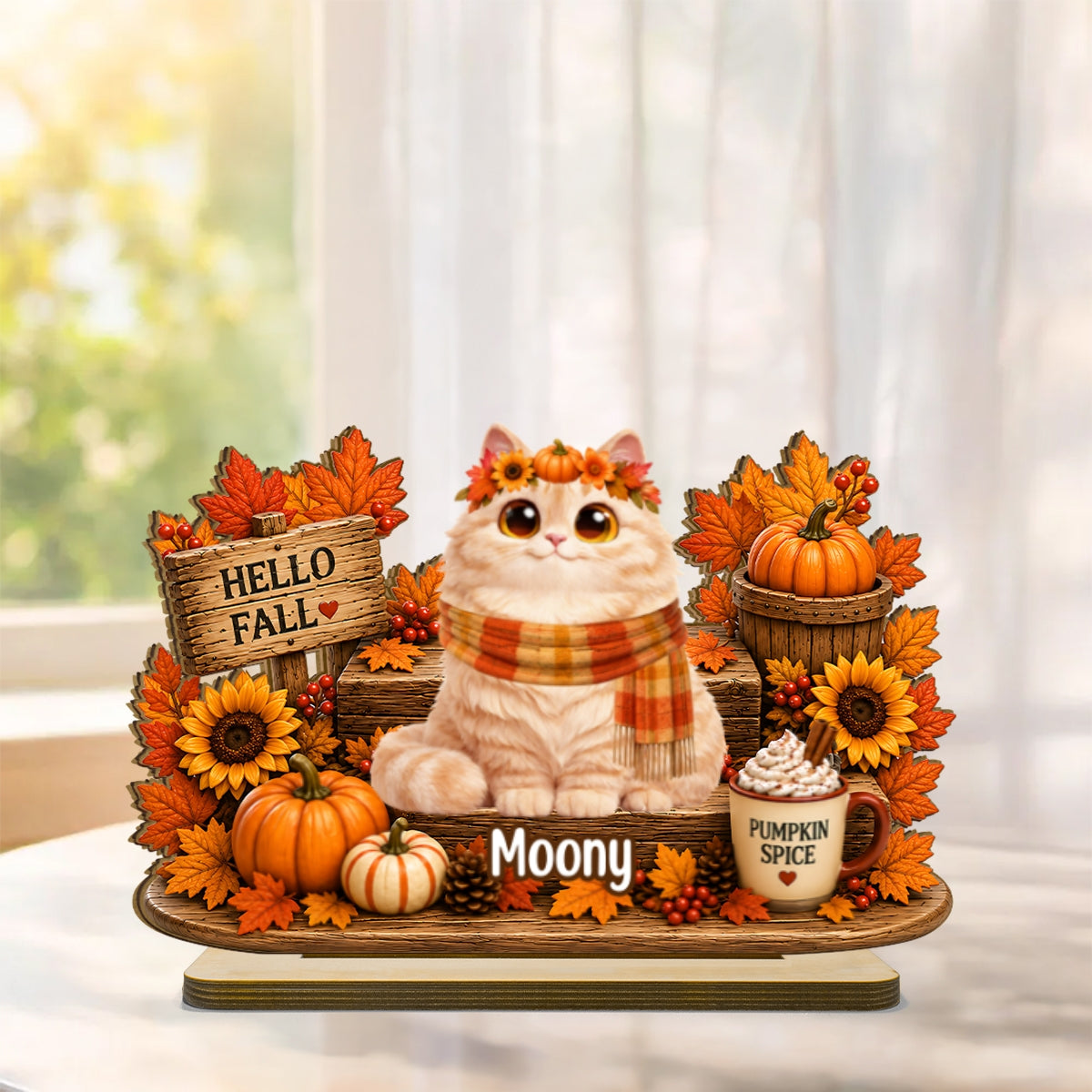 Hello Fall Cute Cats Sitting - Personalized 2-Layered Wooden Plaque - Cozy Fall Decor for Cat Moms, Cat Lovers