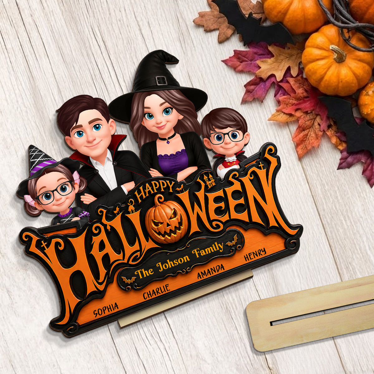 Happy Halloween Jack O Lantern Family - Personalized 2-Layered Wooden Plaque - Trendy Fall Halloween Decor
