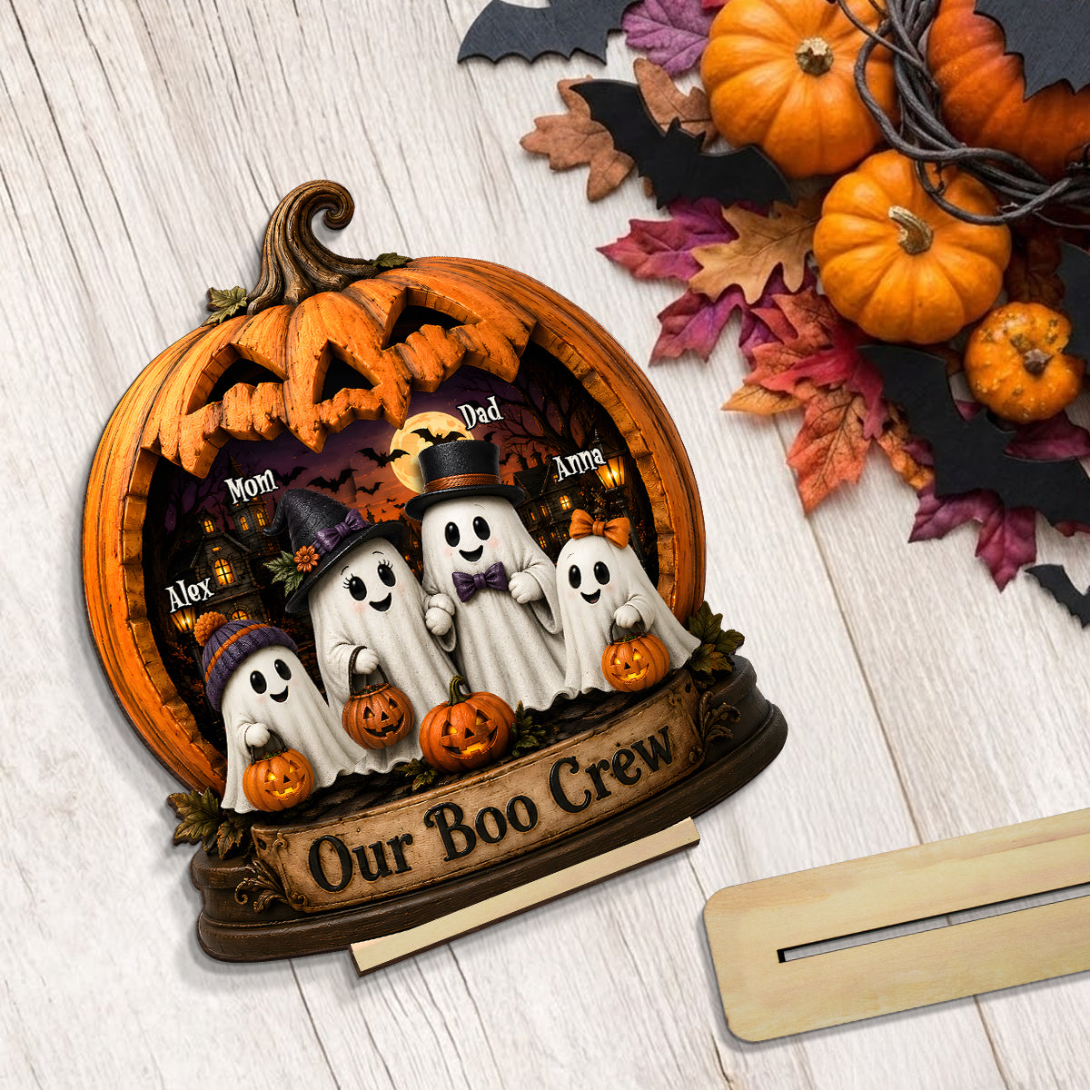 Ghost Family Our Boo Crew Pumpkin - Personalized 2-Layered Wooden Plaque - Halloween Decor Gift, Gift For Family
