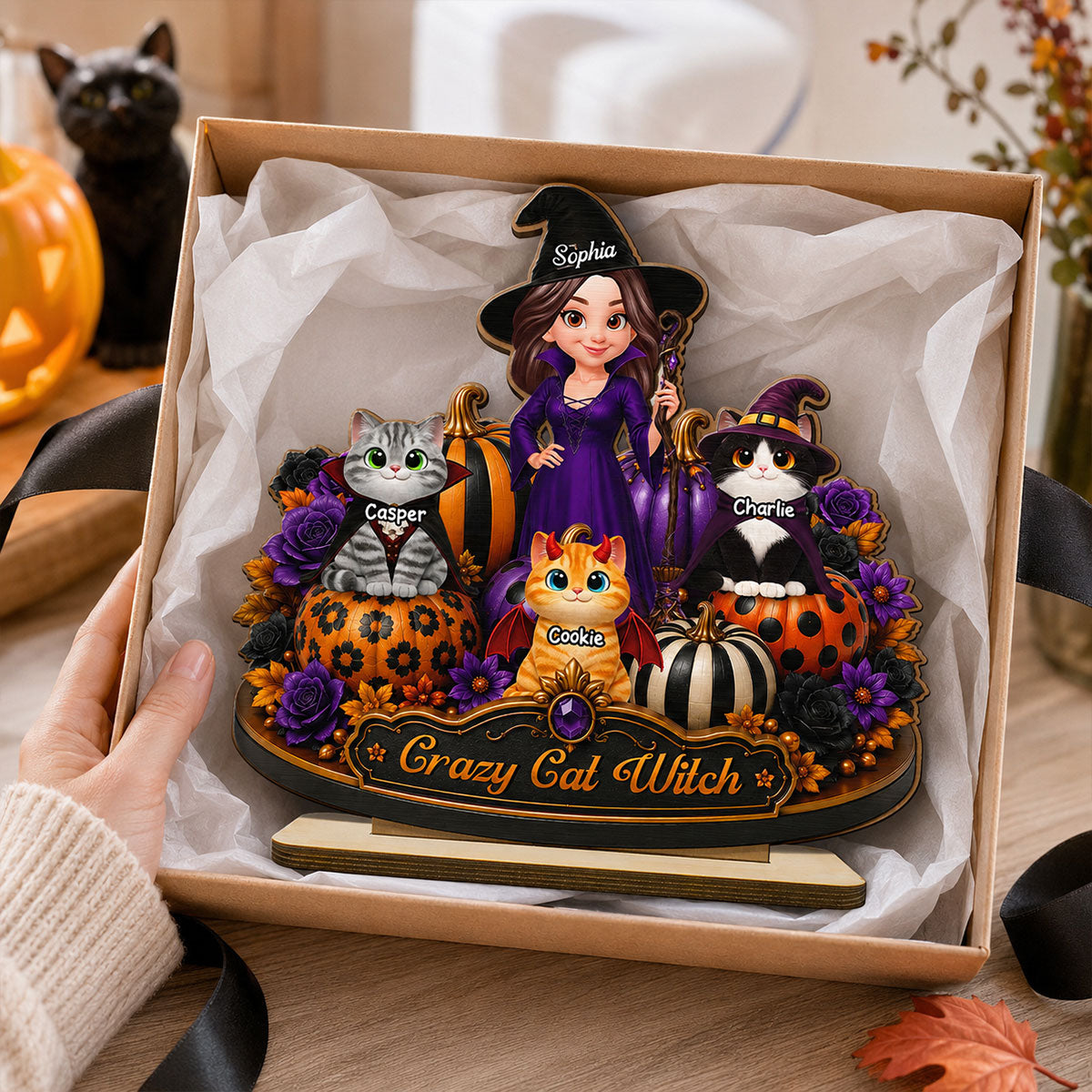 Crazy Cat Witch 2D Flat - Personalized Wooden Plaque - Halloween Decoration.