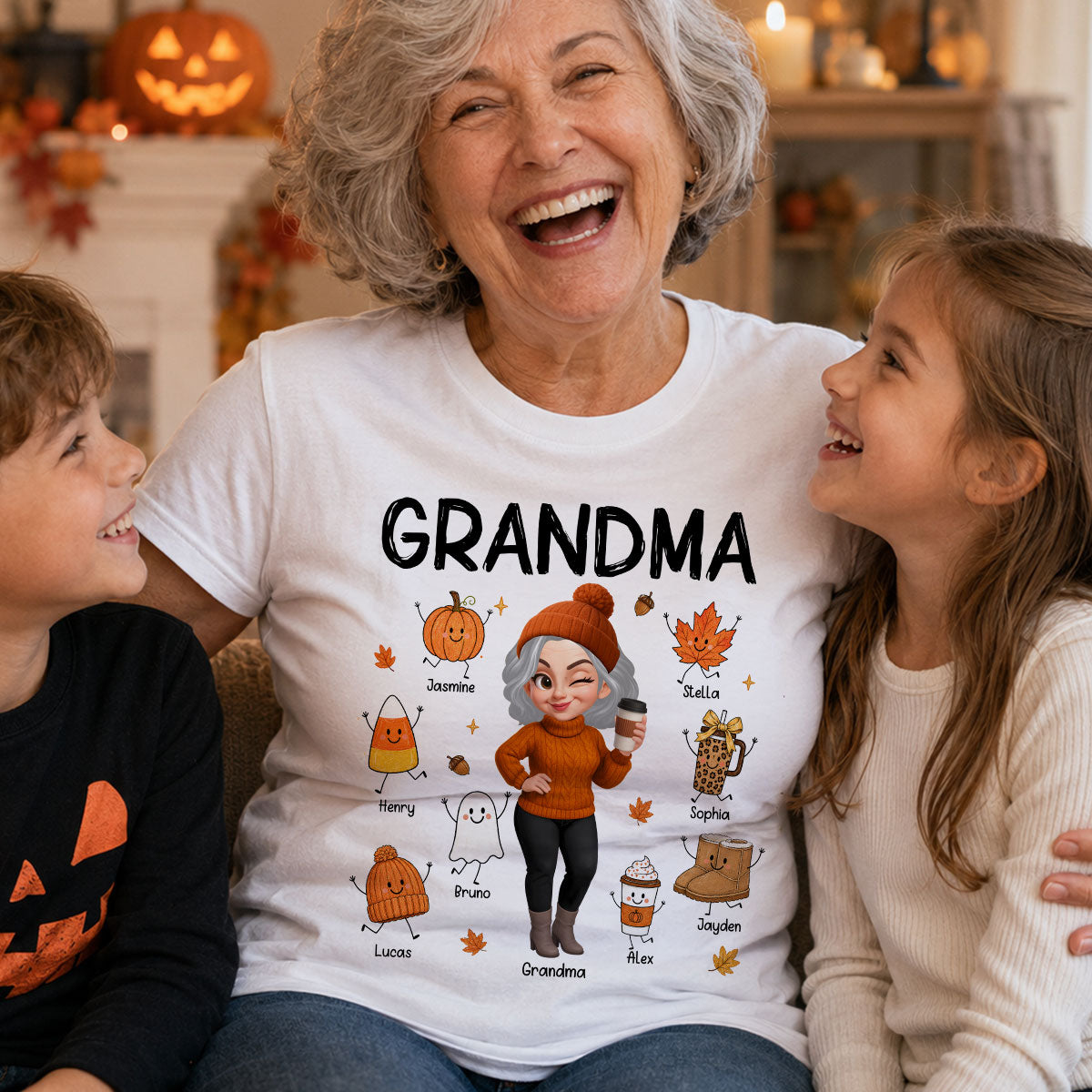 Fall Season Grandma Custom Grandkids Doodle Fall Symbols - Personalized Shirt - Fall Gift For Grandma
