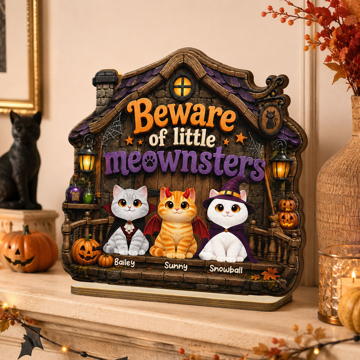Spooky Halloween Beware of Little Meownsters Cats - Personalized 2-Layered Wooden Plaque - Halloween Gift For Cat Lovers, Halloween Decor