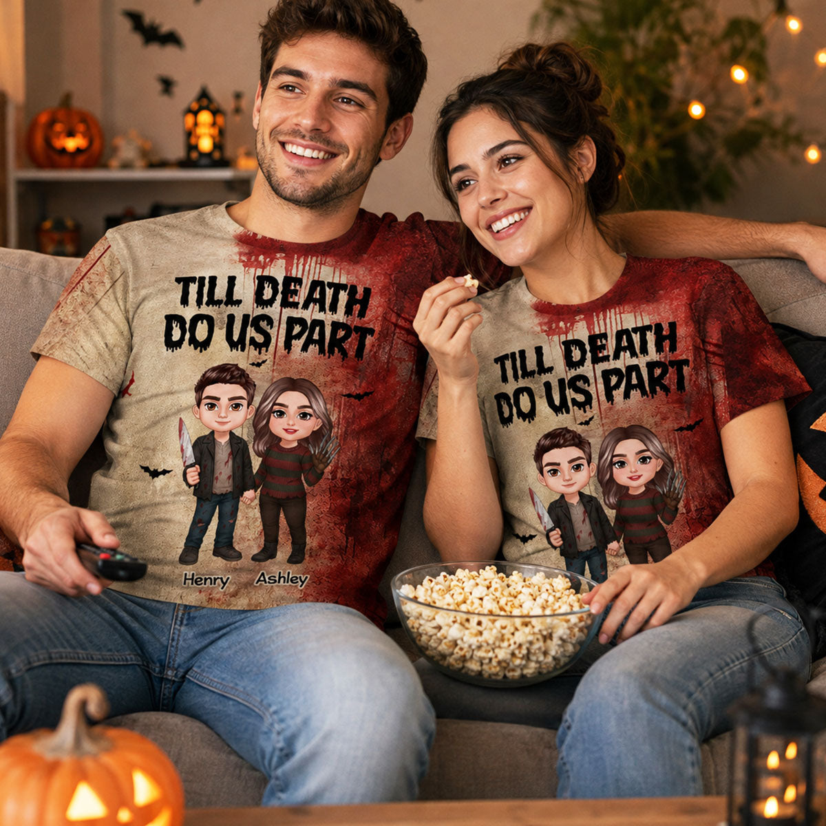 Halloween Horror Theme Couple Till Death Do Us Part - Personalized Shirt - Halloween Shirt For Couple