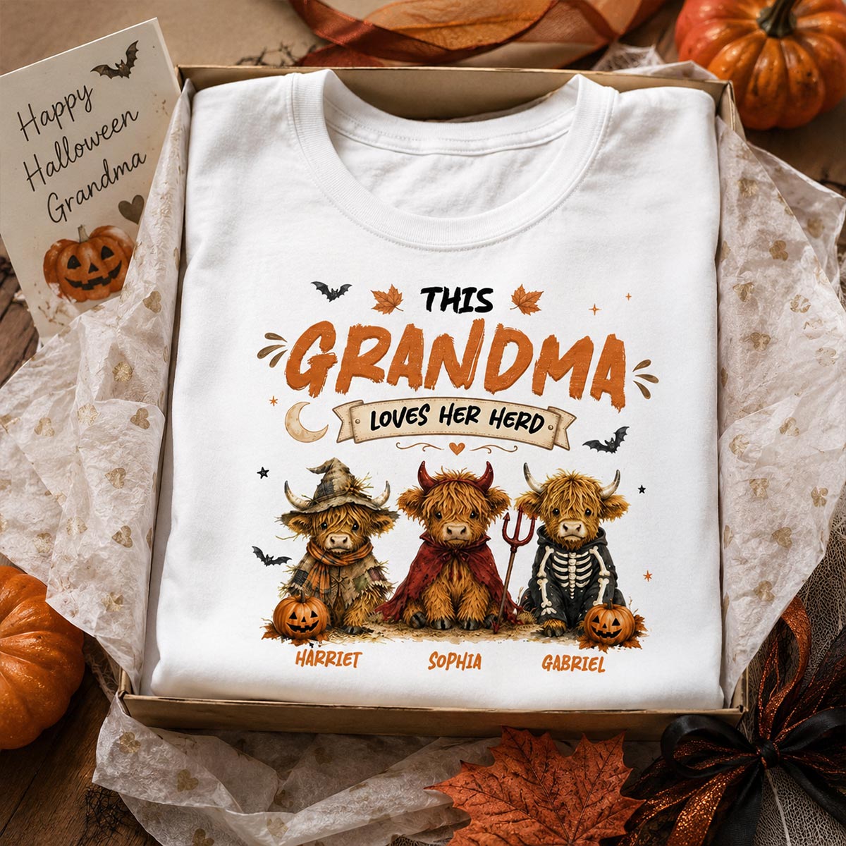 Grandma's Little Spooky Herd Halloween Costume Highland Cows - Personalized Shirt - Halloween Gift For Grandma
