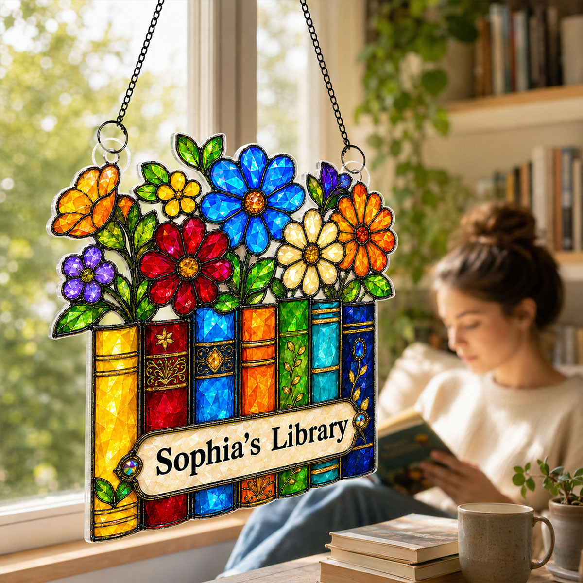 Floral Library Books - Personalized Acrylic Window Hanging - Book Lover Gifts for Women, Girl