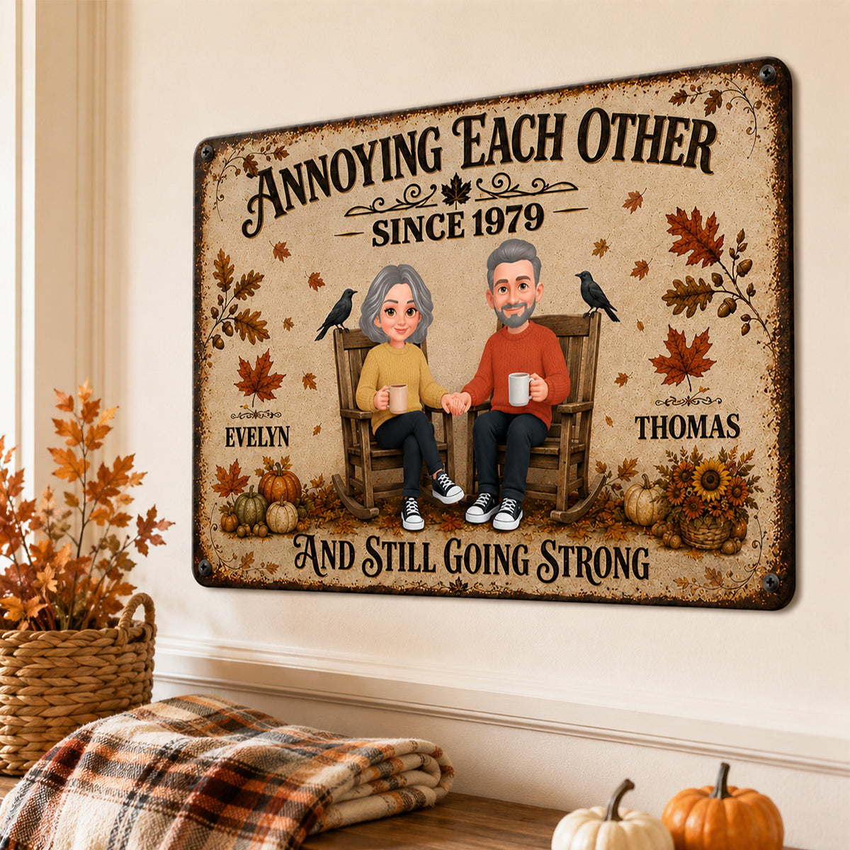 Retro Couple Annoying Each Other - Personalized Metal Sign - Fall Decor, Anniversary Gift for Her, Gift for Him