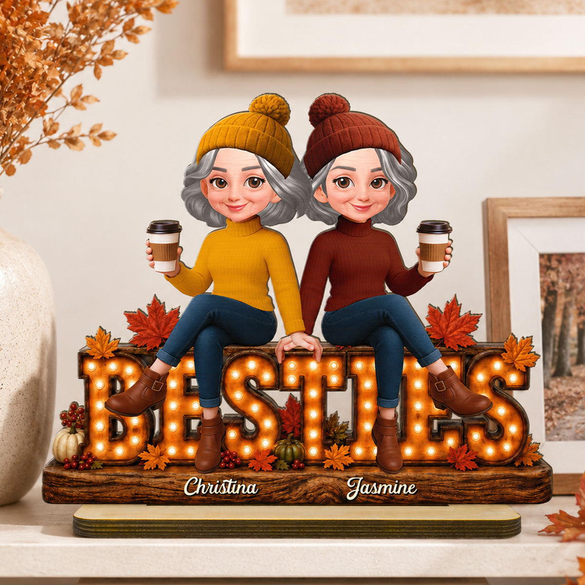 Cozy Vibe Fall Season Besties Forever - Personalized 2-Layered Wooden Plaque - Fall Gift For Best Friends