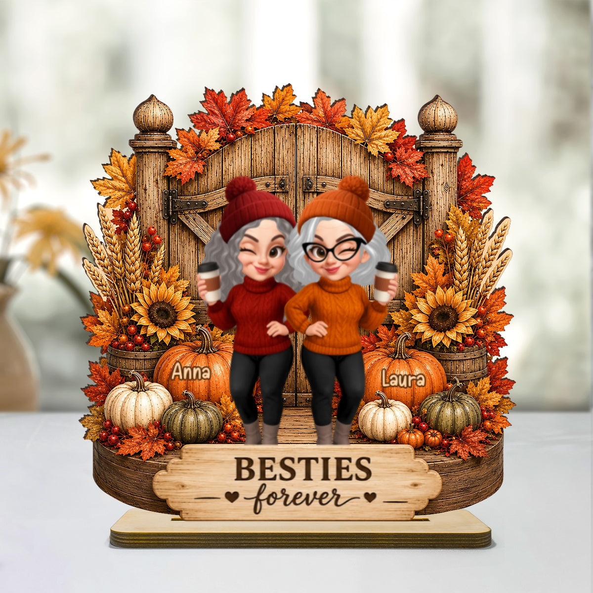 Besties Forever Fall Decor - Personalized 2-Layered Wooden Plaque - Cozy Fall Gift for Best Friends