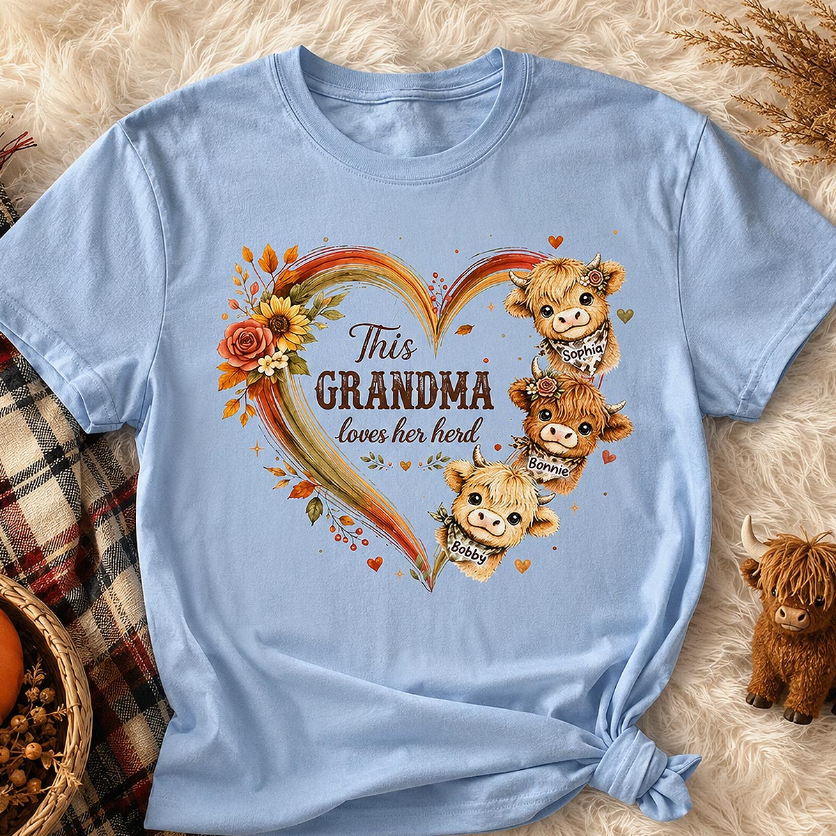 Grandma Herd Heart Highland Cow - Personalized Shirt - Cozy Fall Shirt for Grandma