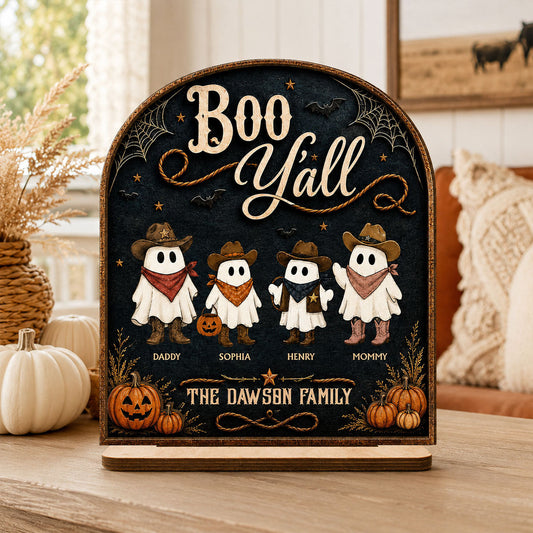 Boo Y'all Cowboy Ghost Family 2D Flat - Personalized 2-Layered Wooden Plaque - Western Country Vibe Halloween Decor