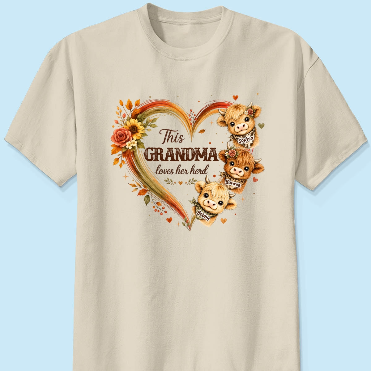 Grandma Herd Heart Highland Cow - Personalized Shirt - Cozy Fall Shirt for Grandma