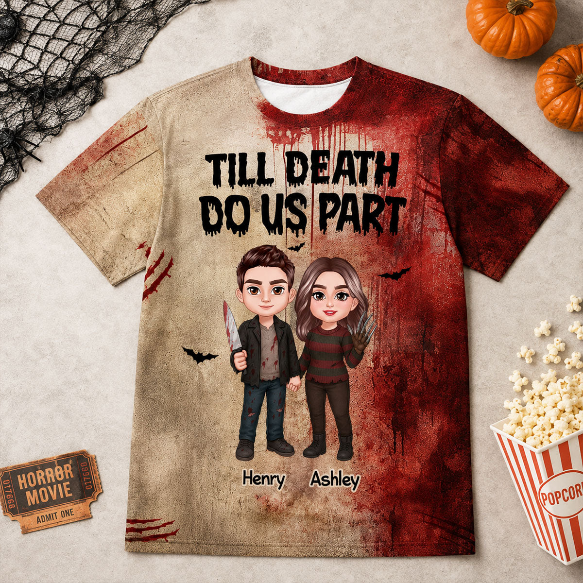 Halloween Horror Theme Couple Till Death Do Us Part - Personalized Shirt - Halloween Shirt For Couple