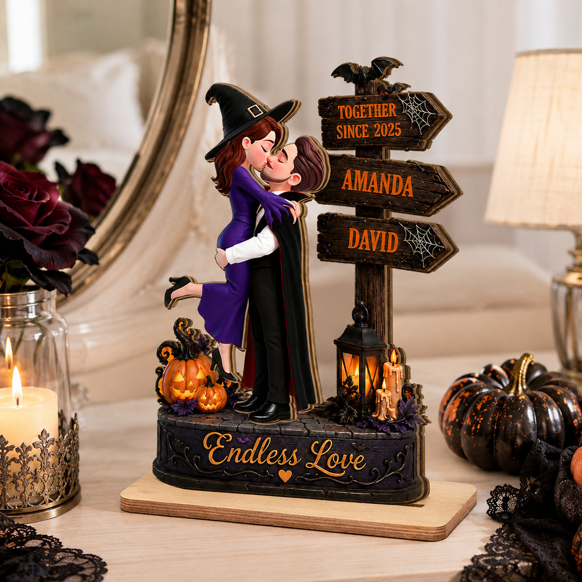 Endless Love Couple Halloween - Personalized 2-Layered Wooden Plaque - Halloween Decor Gift, Gift For Couple